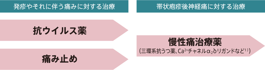 帯状疱疹の治療法は、発疹やそれに伴う痛みに対する治療と、帯状疱疹後神経痛に対する治療に分かれます